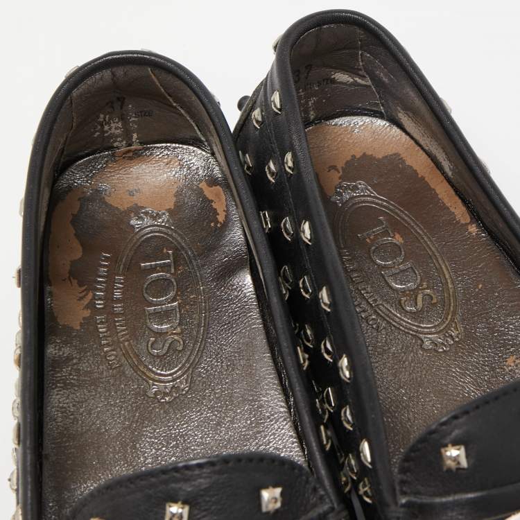 Pre Owned Tod's Black Leather Crystal Embellished Penny Loafers Size 37