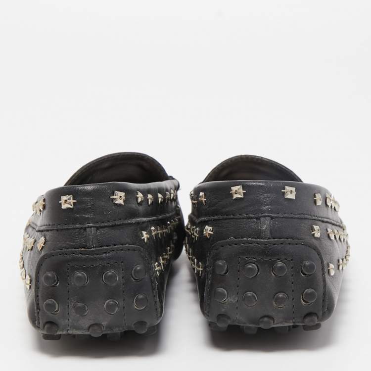 Pre Owned Tod's Black Leather Crystal Embellished Penny Loafers Size 37