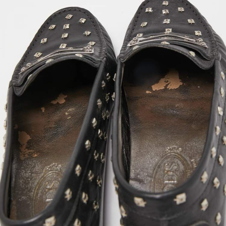 Pre Owned Tod's Black Leather Crystal Embellished Penny Loafers Size 37