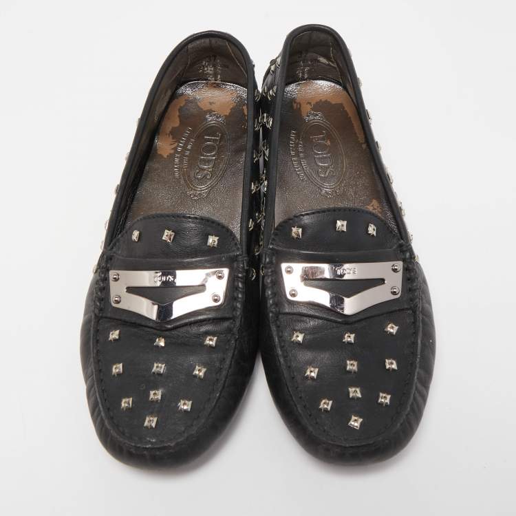 Pre Owned Tod's Black Leather Crystal Embellished Penny Loafers Size 37