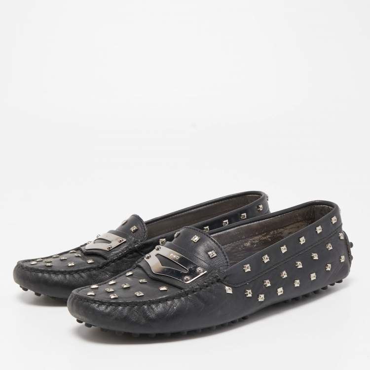 Pre Owned Tod's Black Leather Crystal Embellished Penny Loafers Size 37