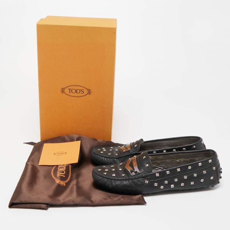 Pre Owned Tod's Black Leather Crystal Embellished Penny Loafers Size 37
