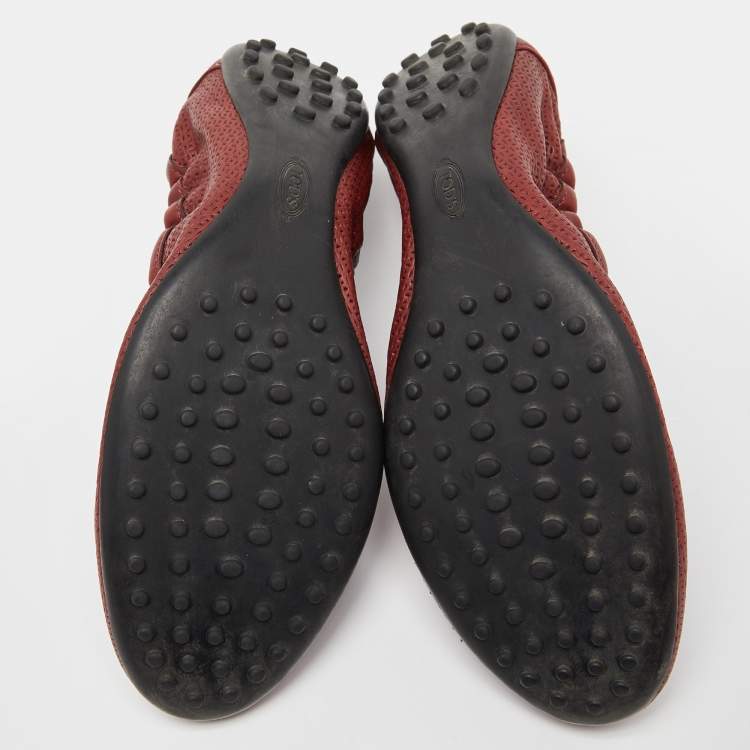 Pre Owned Tod's Burgundy Leather Bow Scrunch Ballet Flats 41