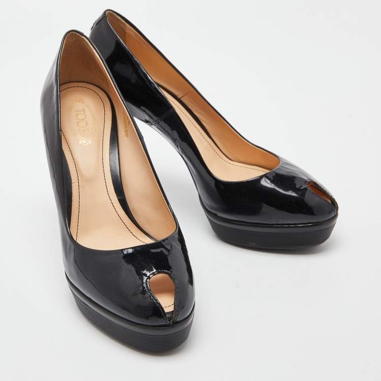 Pre Owned Tod's Black Patent Leather Peep Toe Pumps Size 36