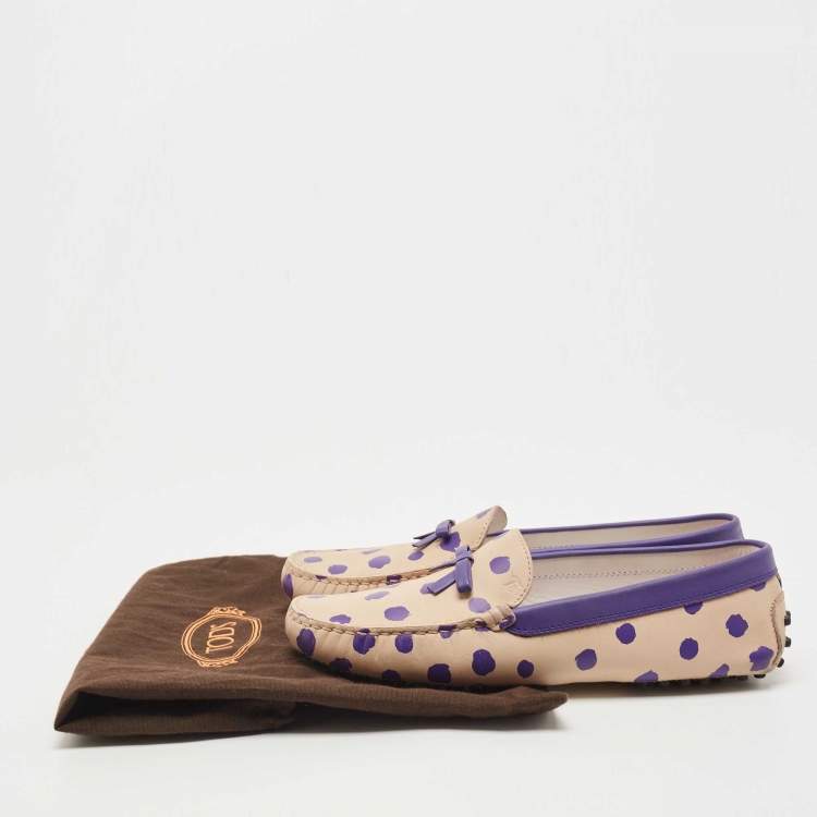 Pre Owned Tod's Purple/Beige Polka Dot Leather Bow Slip On Loafers Size 38.5