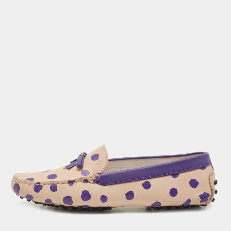 Pre Owned Tod's Purple/Beige Polka Dot Leather Bow Slip On Loafers Size 38.5