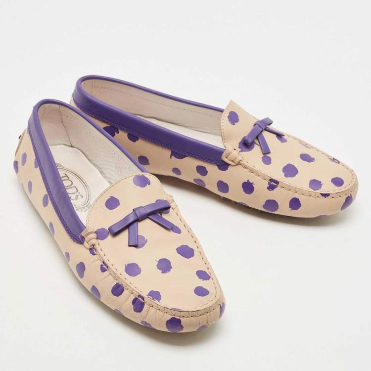 Pre Owned Tod's Purple/Beige Polka Dot Leather Bow Slip On Loafers Size 38.5