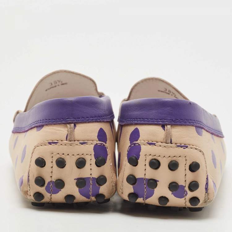 Pre Owned Tod's Purple/Beige Polka Dot Leather Bow Slip On Loafers Size 38.5