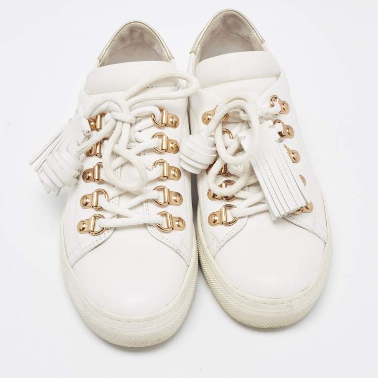 Pre Owned Tod's White Leather Tassel Lace Up Sneakers Size 34.5