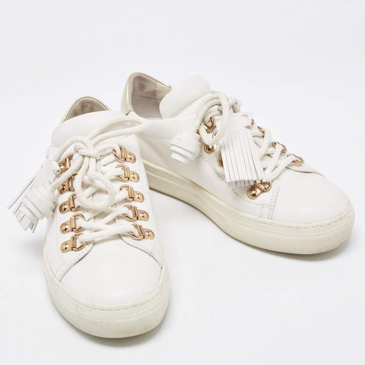 Pre Owned Tod's White Leather Tassel Lace Up Sneakers Size 34.5