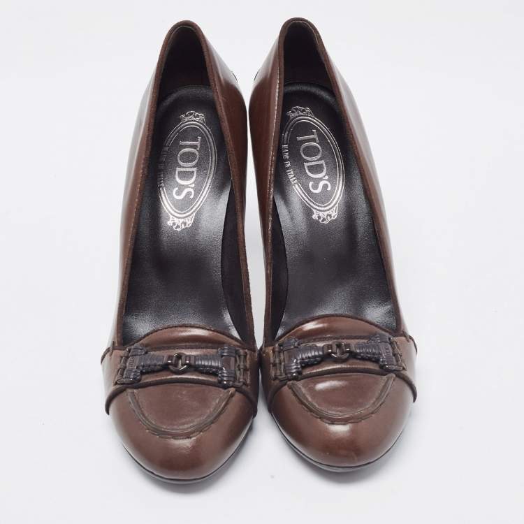 Pre Owned Tod's Dark Brown Leather Double T Loafer Pumps Size 37