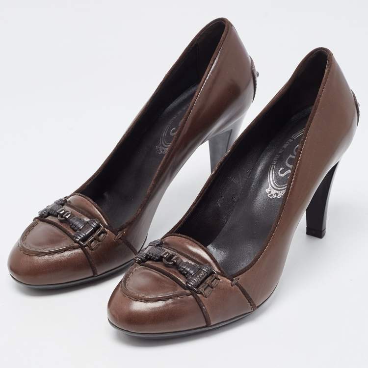 Pre Owned Tod's Dark Brown Leather Double T Loafer Pumps Size 37