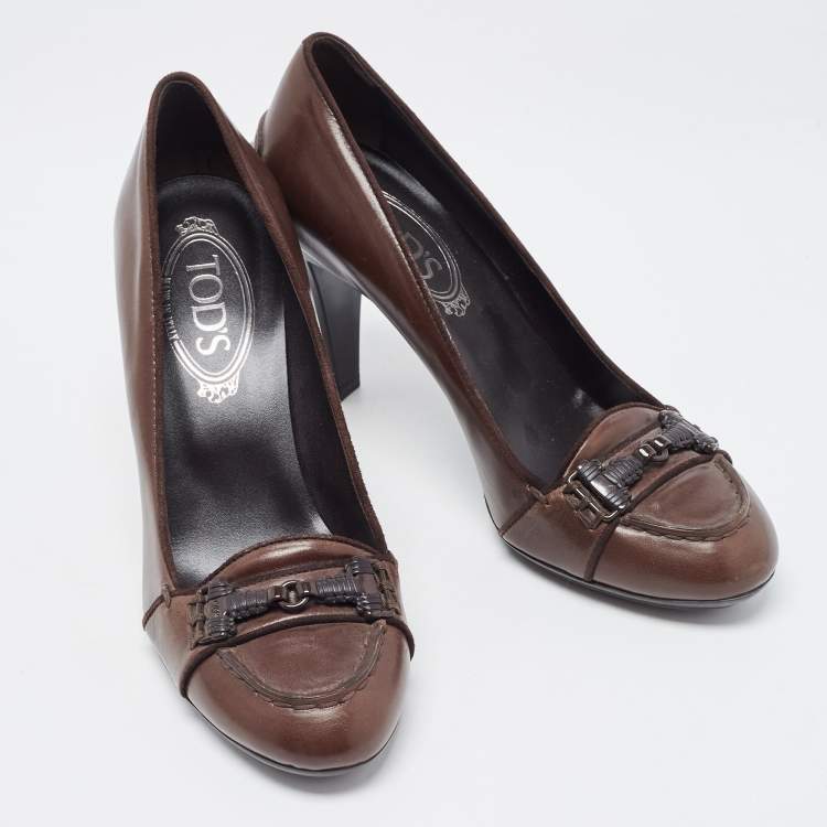 Pre Owned Tod's Dark Brown Leather Double T Loafer Pumps Size 37