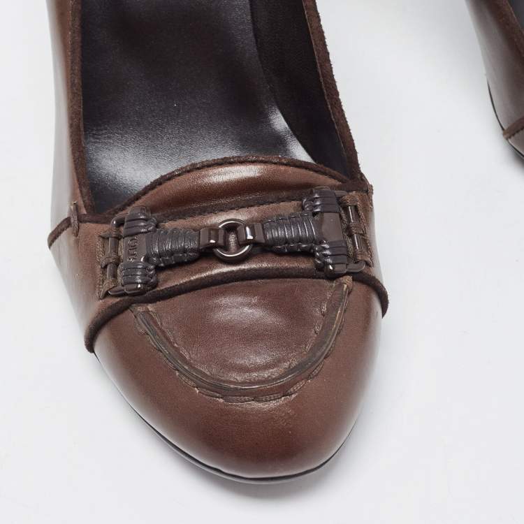 Pre Owned Tod's Dark Brown Leather Double T Loafer Pumps Size 37