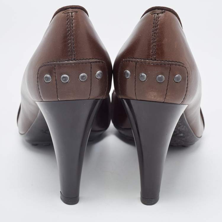 Pre Owned Tod's Dark Brown Leather Double T Loafer Pumps Size 37