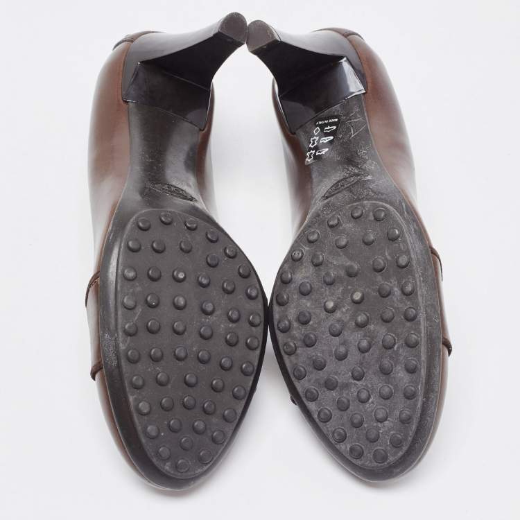 Pre Owned Tod's Dark Brown Leather Double T Loafer Pumps Size 37