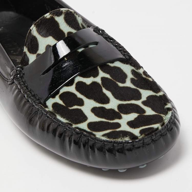 Pre Owned Tod's Black Patent Leather And Calf Hair Gommino Penny Loafers Size 39