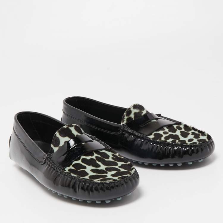 Pre Owned Tod's Black Patent Leather And Calf Hair Gommino Penny Loafers Size 39