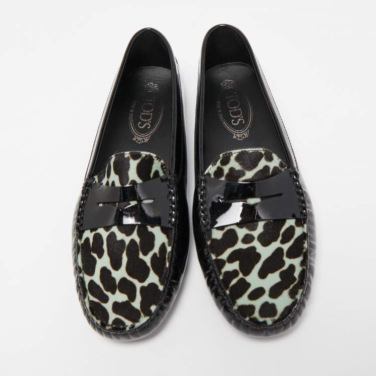 Pre Owned Tod's Black Patent Leather And Calf Hair Gommino Penny Loafers Size 39