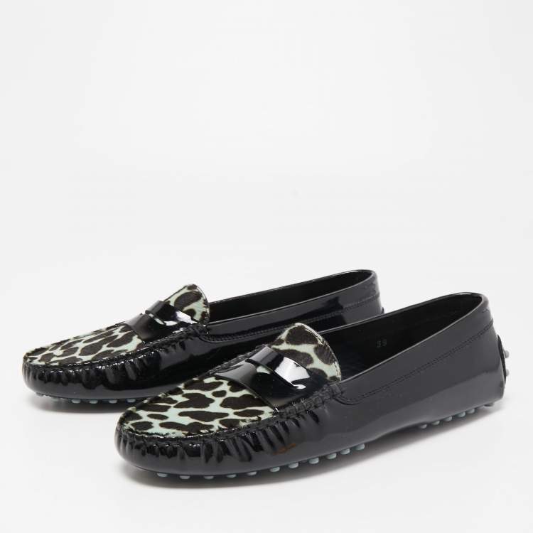 Pre Owned Tod's Black Patent Leather And Calf Hair Gommino Penny Loafers Size 39