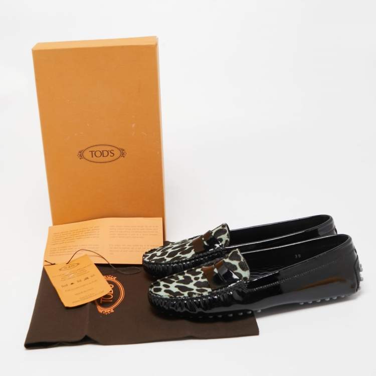 Pre Owned Tod's Black Patent Leather And Calf Hair Gommino Penny Loafers Size 39