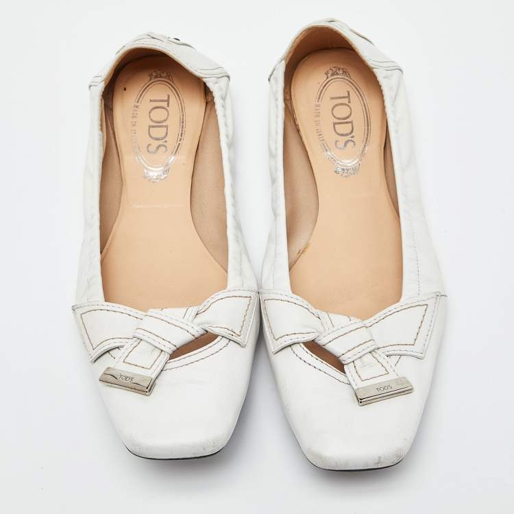 Pre Owned Tod's White Leather Bow Ballet Flats Size 39.5