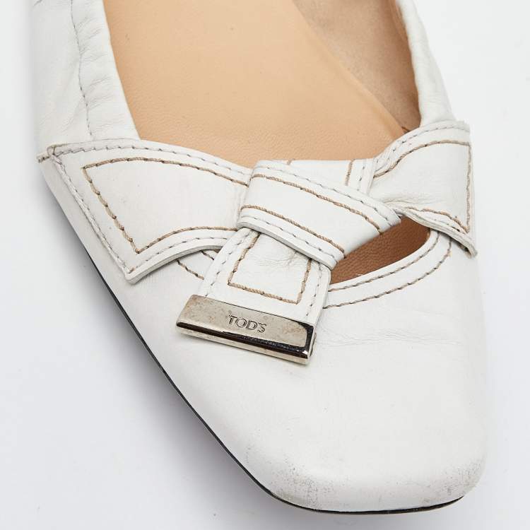 Pre Owned Tod's White Leather Bow Ballet Flats Size 39.5