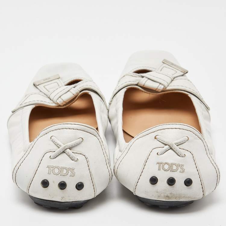 Pre Owned Tod's White Leather Bow Ballet Flats Size 39.5