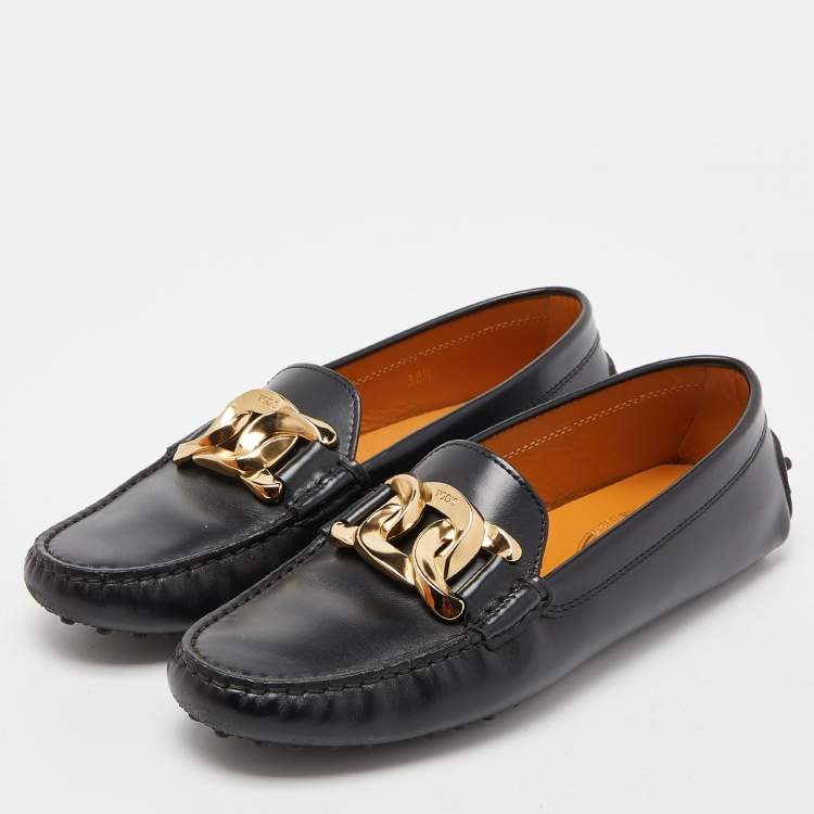 Pre Owned Tod's Black Leather Gommino Slip On Loafers Size 38.5