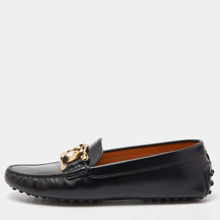Pre Owned Tod's Black Leather Gommino Slip On Loafers Size 38.5