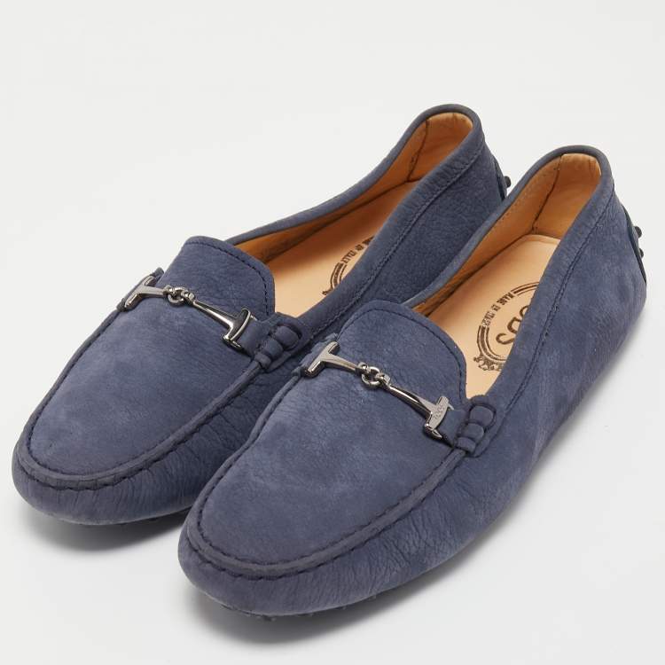 Pre Owned Tod's Blue Nubuck Double T Slip-On Loafers Size 38