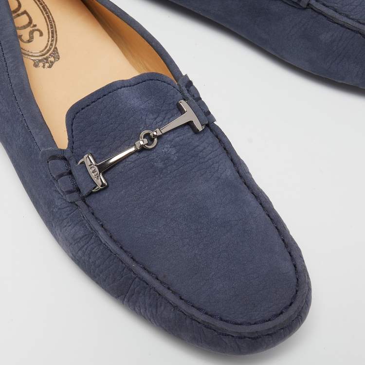 Pre Owned Tod's Blue Nubuck Double T Slip-On Loafers Size 38