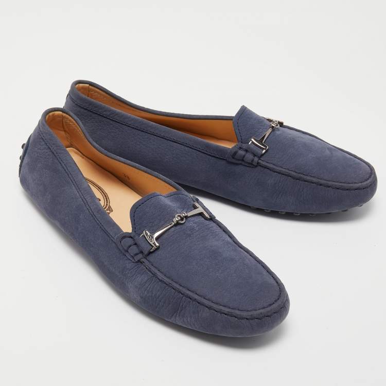 Pre Owned Tod's Blue Nubuck Double T Slip-On Loafers Size 38