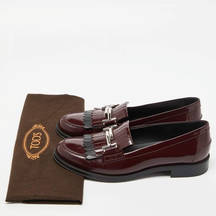 Pre Owned Tod's Burgundy Leather Gommino Fringe Double T Loafers Size 40