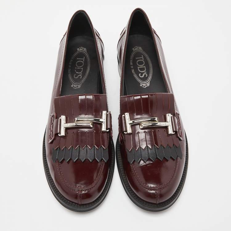 Pre Owned Tod's Burgundy Leather Gommino Fringe Double T Loafers Size 40