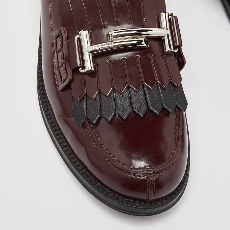 Pre Owned Tod's Burgundy Leather Gommino Fringe Double T Loafers Size 40