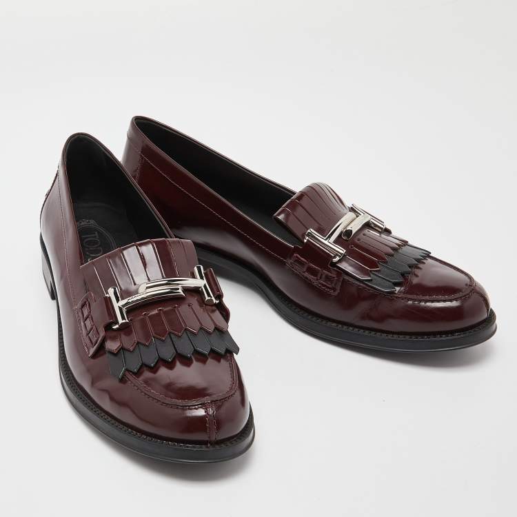 Pre Owned Tod's Burgundy Leather Gommino Fringe Double T Loafers Size 40
