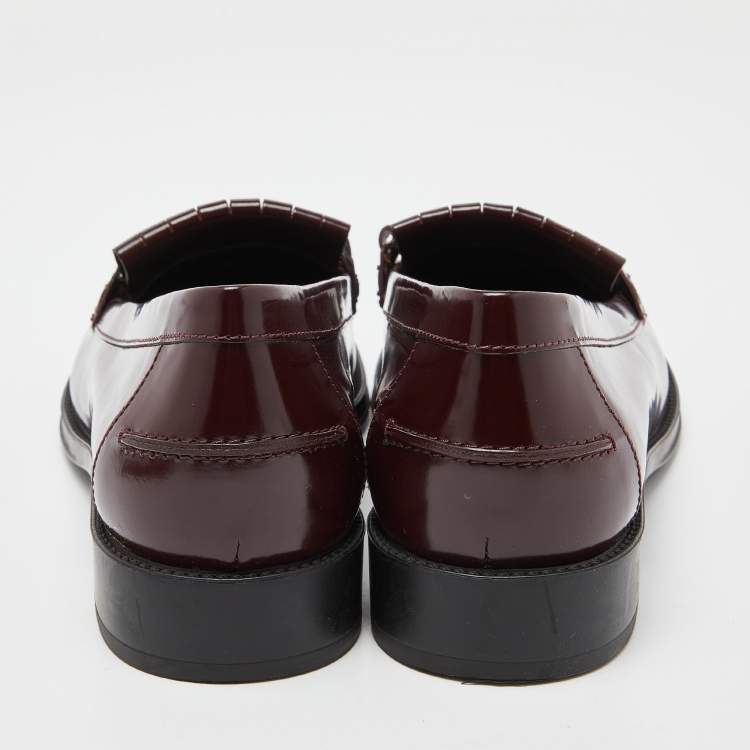 Pre Owned Tod's Burgundy Leather Gommino Fringe Double T Loafers Size 40
