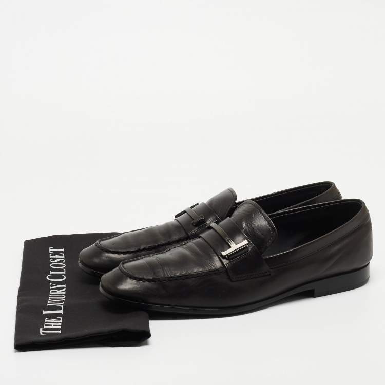 Pre Owned Tod's Black Leather Double T Slip On Loafers Size 44