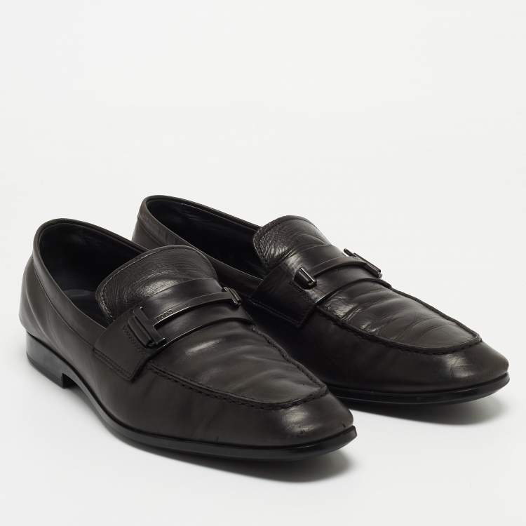 Pre Owned Tod's Black Leather Double T Slip On Loafers Size 44