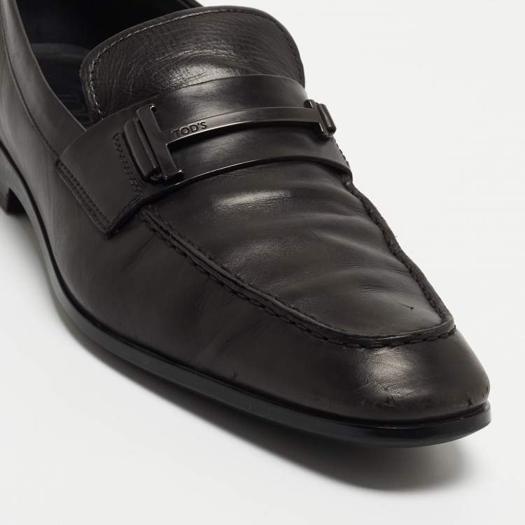 Pre Owned Tod's Black Leather Double T Slip On Loafers Size 44