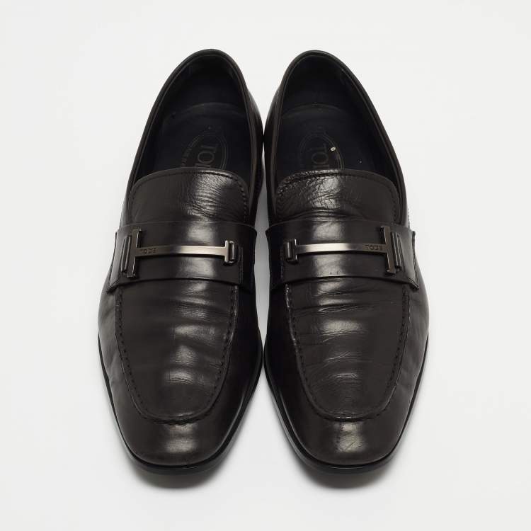 Pre Owned Tod's Black Leather Double T Slip On Loafers Size 44