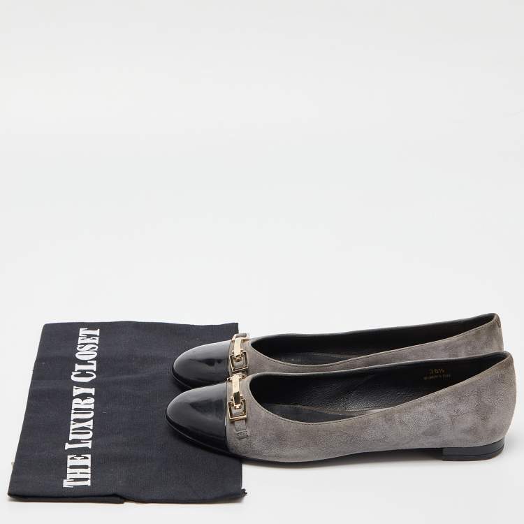 Pre Owned Tod’s Grey/Black Suede and Patent Leather Buckle Detail Ballet Flats Size 36.5