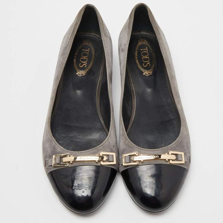 Pre Owned Tod’s Grey/Black Suede and Patent Leather Buckle Detail Ballet Flats Size 36.5