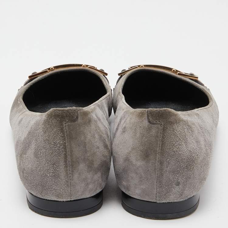 Pre Owned Tod’s Grey/Black Suede and Patent Leather Buckle Detail Ballet Flats Size 36.5