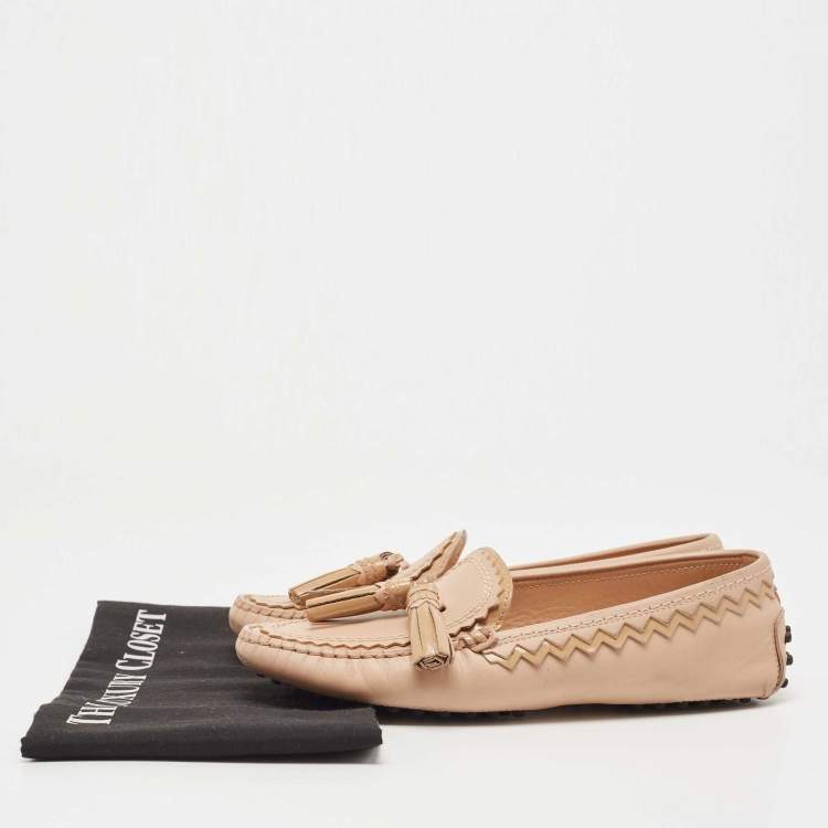 Pre Owned Tod's Beige Leather Tassel Detail Slip On Loafers Size 38.5