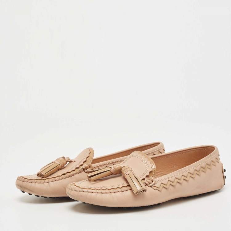 Pre Owned Tod's Beige Leather Tassel Detail Slip On Loafers Size 38.5