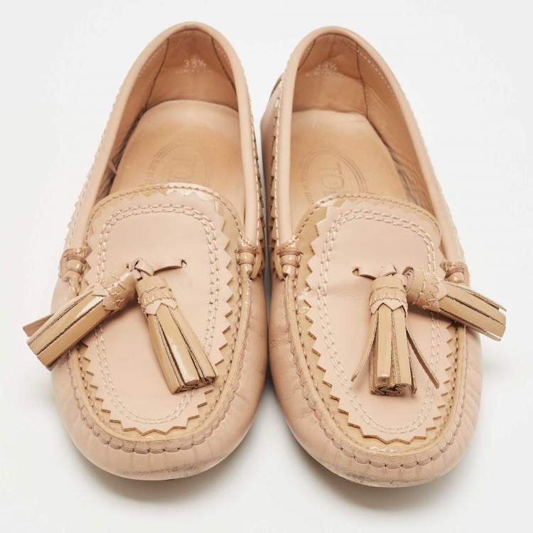 Pre Owned Tod's Beige Leather Tassel Detail Slip On Loafers Size 38.5