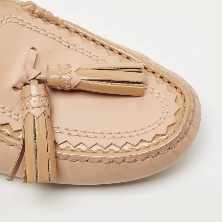 Pre Owned Tod's Beige Leather Tassel Detail Slip On Loafers Size 38.5