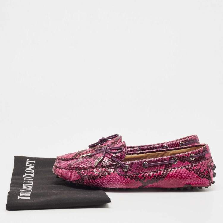 Pre Owned Tod's Pink Python Leather Bow Slip On Loafers Size 39